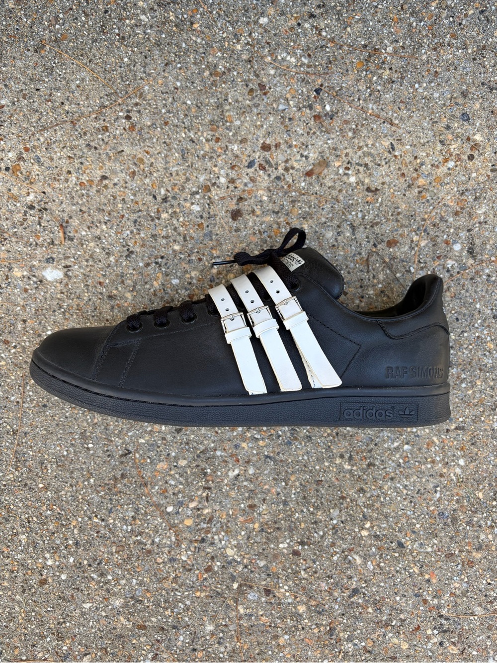 Raf Simons x Adidas Stan Smith Black Leather Sneakers with White Strap Accents